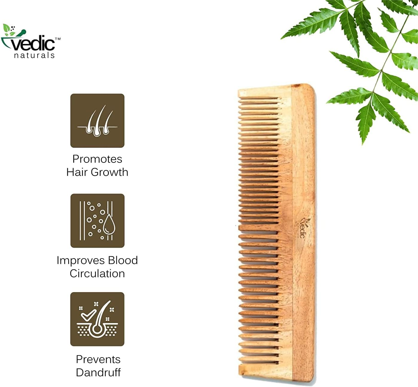 Vedic Naturals 100% Pure & Natural Neem Wood Comb Promotes Hair Growth Reduces Hair Fall & Control Dandruff Wide & Thin Teeth image number 3