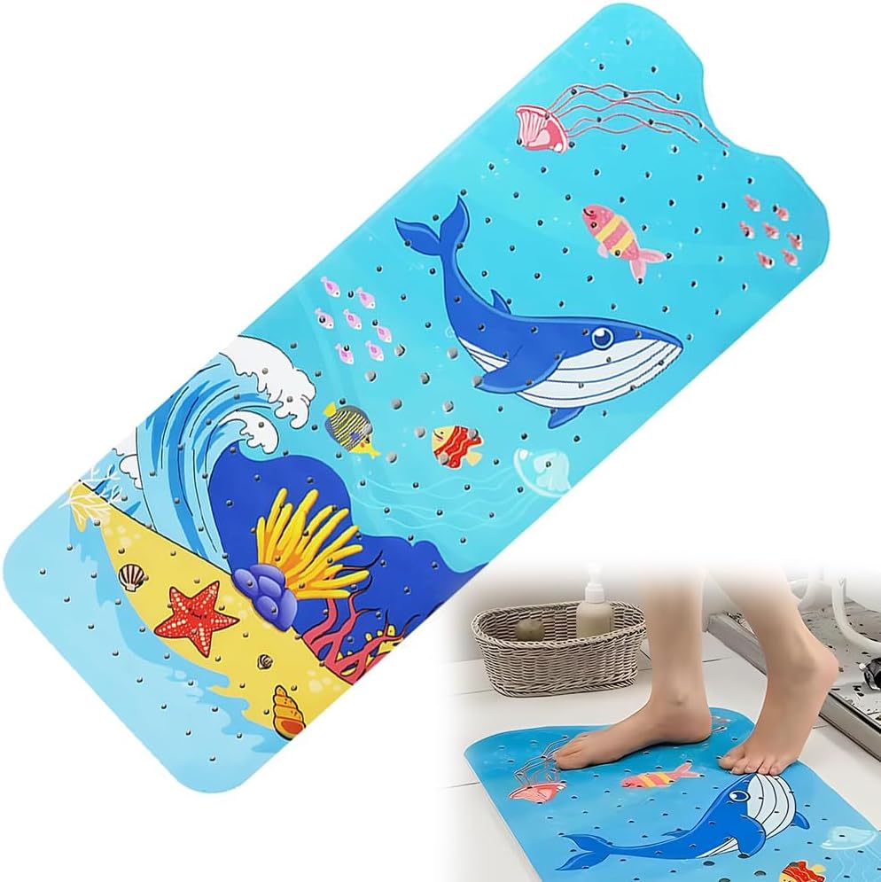 Bath Mat, Cartoon Non-Slip Bathtub Mat with Suction Cup Drain Holes, Bath Shower Mat Massage Mat Floor Tub Mats Machine Washable for Bathroom 100X40Cm(Blue Whale) image number 3