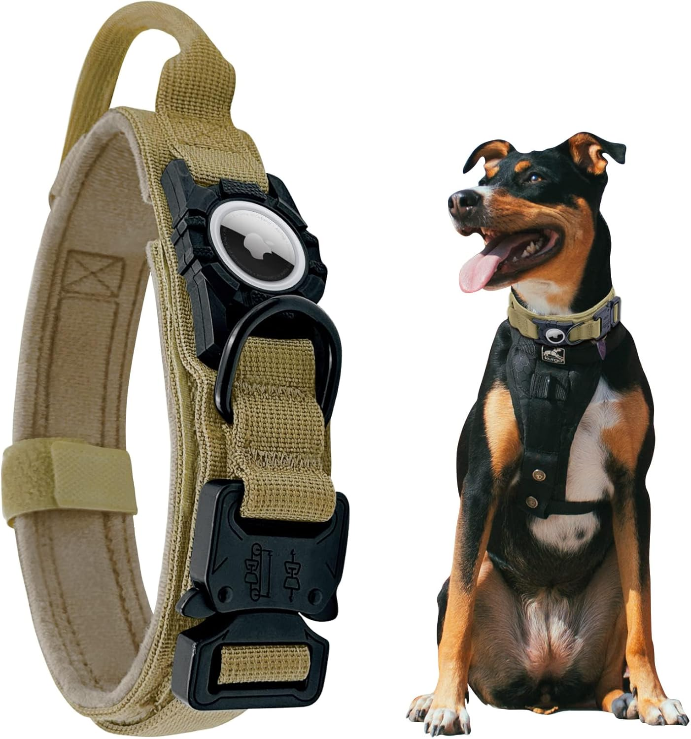 For Airtag Dog Collar - Tactical, Heavy Duty, Adjustable GPS Dog Collar Compatible with Airtag, with Holder & Control Handle for Medium/Large Dogs, Double Locking Metal Carabiner [Brown, image number 6