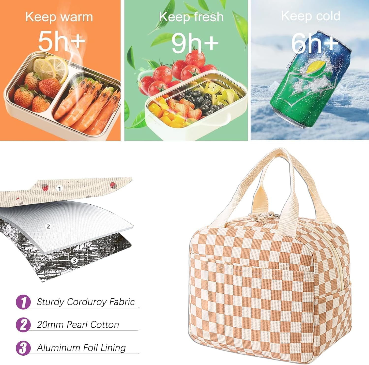 Lylilidy Insulated Lunch Bag Women, Large Pack Lunch Bags, Lunch Bags Cooler Tote for Kids, Leakproof Ladies Bento Bag for Work, School, Picnic(Coffee Check) image number 1