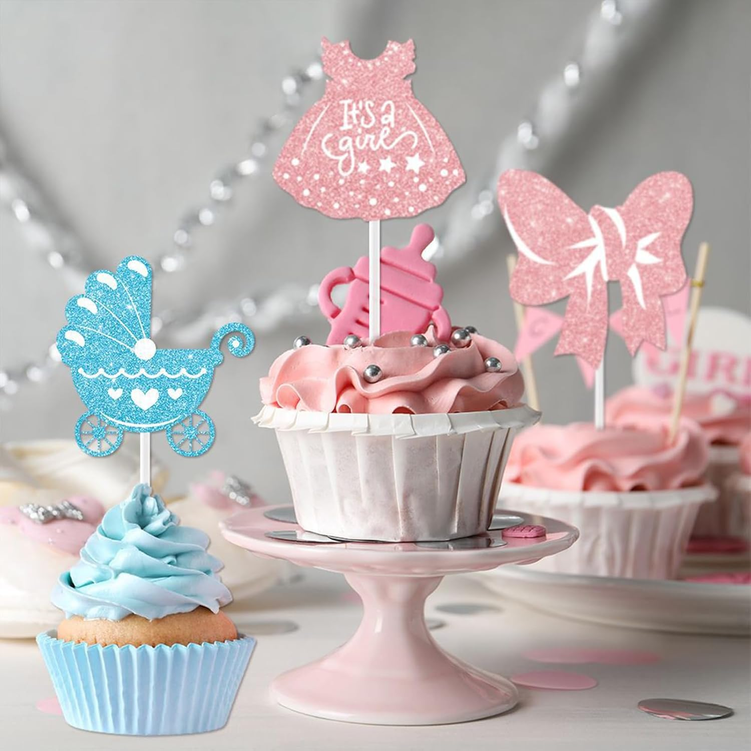 24 Pcs Baby Gender Reveal Cupcake Topper Set; Boy or Girl Themed Party Cake Decorating Props; for Baby Shower Gender Reveal Party Creative Decorations image number 4