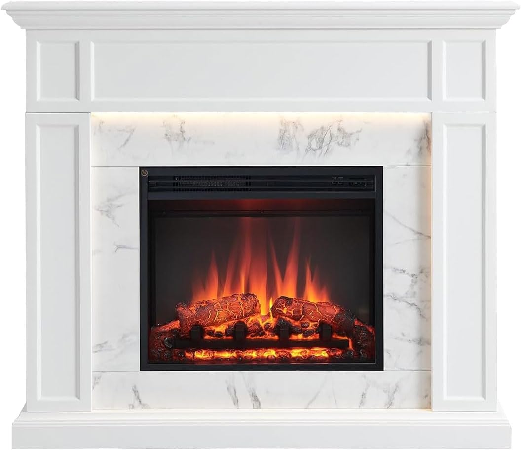 Modaliving Pearl 2000W Electric Fireplace Heater Mantel Suite Marble Veneer Finish Remote Control Timer Adjustable Flame (White)
