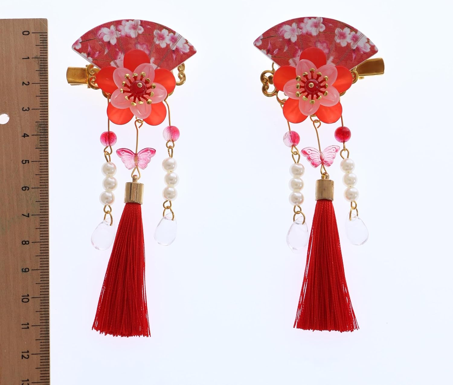 C-118-2 Red Fan Shape Sakura Cherry Blossom Tassels Hair Clip Hair Clip Hair Clip Japanese Geisha Kimono China Hanfu Accessory