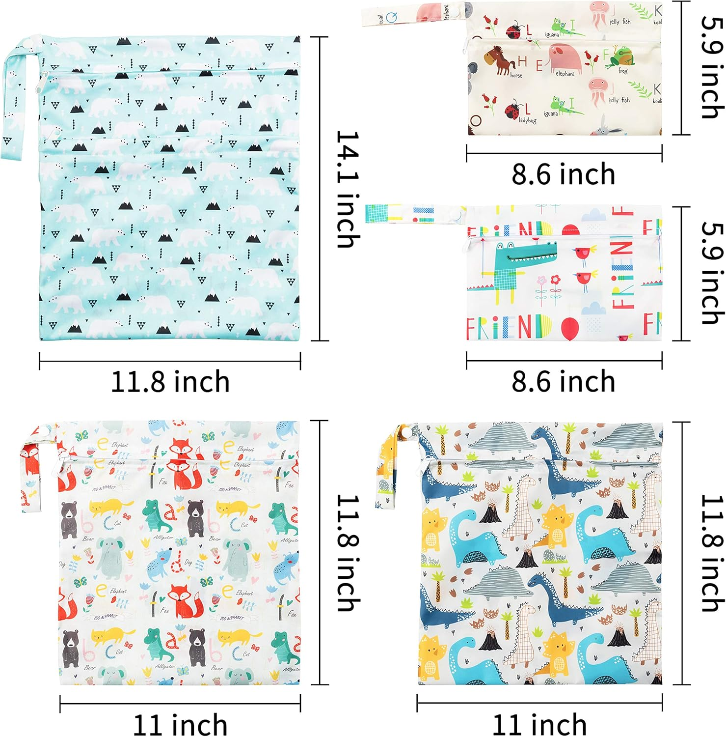 R Horse 5 Pcs Waterproof Reusable Wet Bag Diaper Baby Cloth Diaper Wet Dry Bags with 2 Zippered Pockets Travel Beach Pool Bag with Polar Bear Dinosaur Animal Alphabet Crocodile Pattern (3 Sizes) - Zoo image number 3