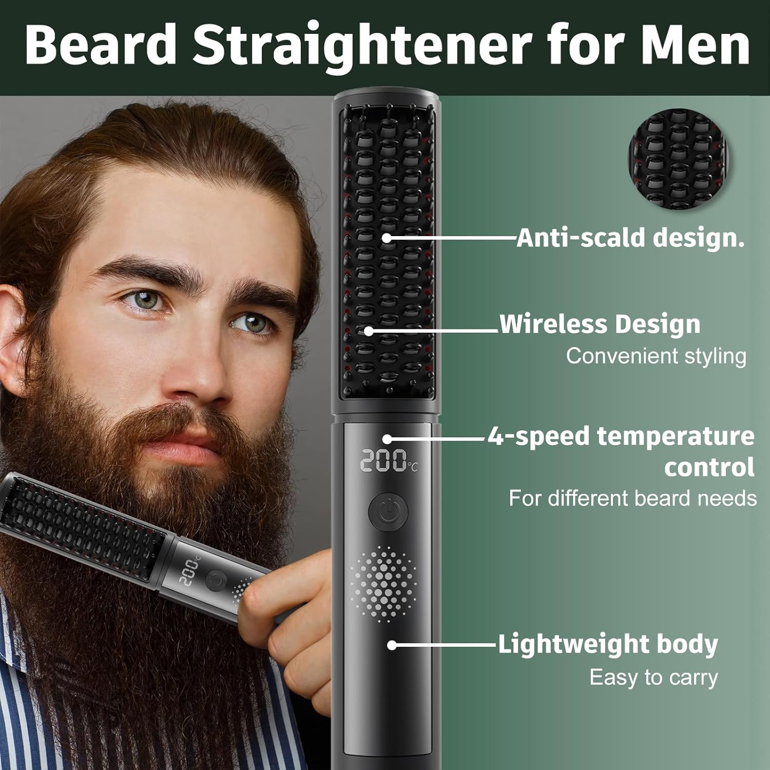 Beard Straightener for Men, Portable Cordless Heated Hair & Beard Straightening Brush with Anti-Scald & Ionic Technology, 4 Temperature Setting Comb for Home Travel