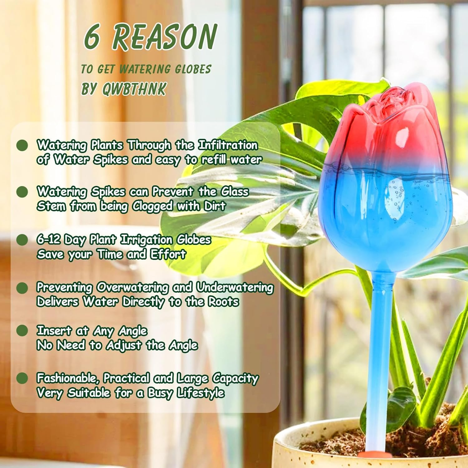 Tulip-Shaped Glass Watering Globes for Indoor Outdoor Plants, Self Watering Devices 21.5Cm Long, Automatic Irrigation Spikes for Potted Plants