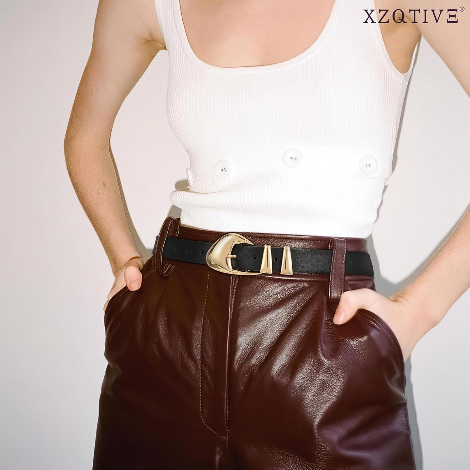 XZQTIVE Women'S Leather Belts for Jeans Dress Pants Black Brown Belts for Women Ladies Waist Belts with Gold Buckle image number 5