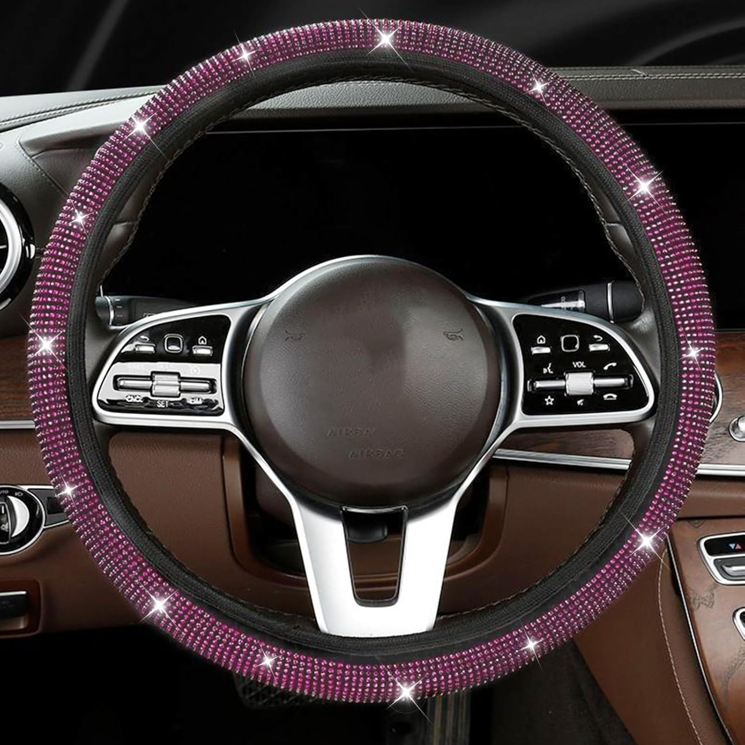 Steering Wheel Cover for Women Bling Crystal Diamond Sparkling Steering Wheel Covers with Coaster Interior Accessories Universal Fit 14"-15" Anti-Slip Steering Wheel Protector (Pink) image number 1