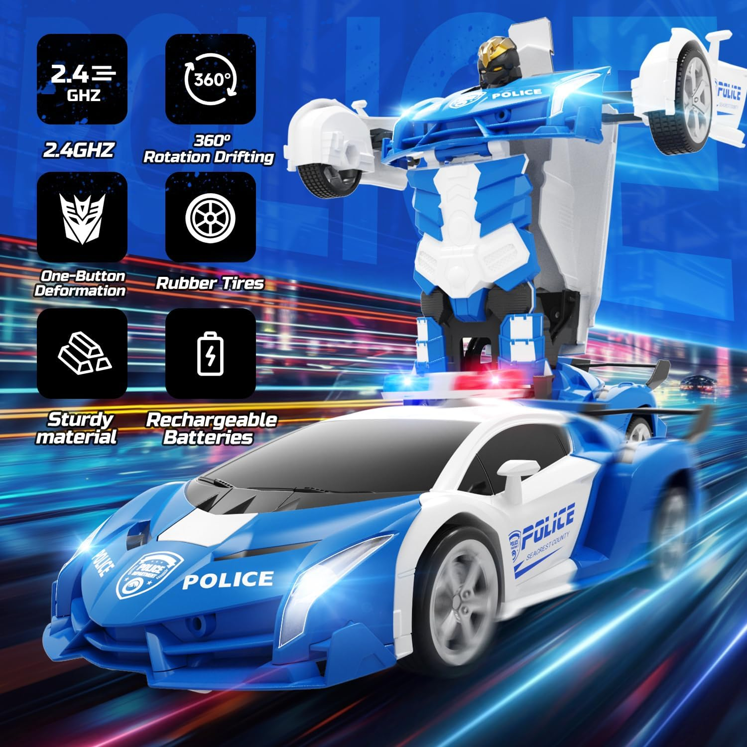 DEERC RC Police Car Transform Robot, 2.4Ghz Remote Control Police Cars for Kids, 1:18 Scale Robot Toy Car W/One-Key Transformation, 360&deg; Rotation, Auto Mode, Rechargeable Battery, Robot for Man Boys image number 4
