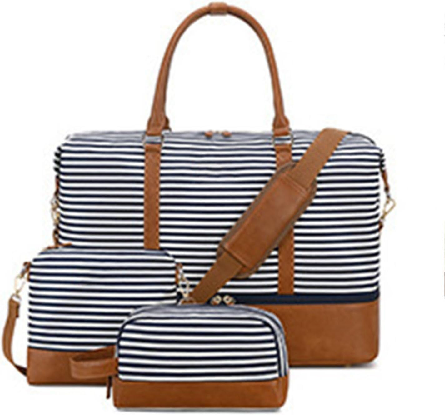 Travel Bag Weekend Bag for Women Large Canvas Pu Leather Overnight Bag with Toiletry Bag Shoes Compartment for Hospital Holdall Hand Luggage Duffle Bag Blue Striped 47L