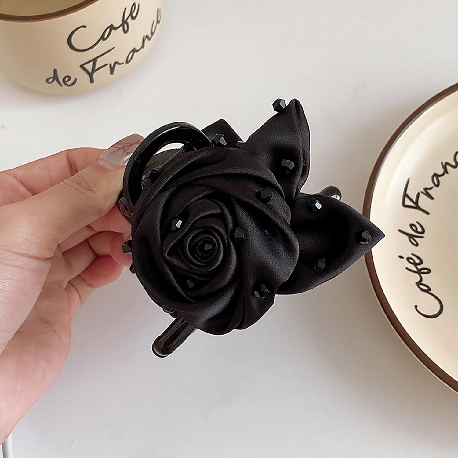 Rose Flower Hair Claws Clips for Women Black Rose Hair Claws Flower Hair Accessories for Beach Holiday Women Girls Bridal Wedding Floral Hair Clips Barrettes Accessories for Women Girls image number 2