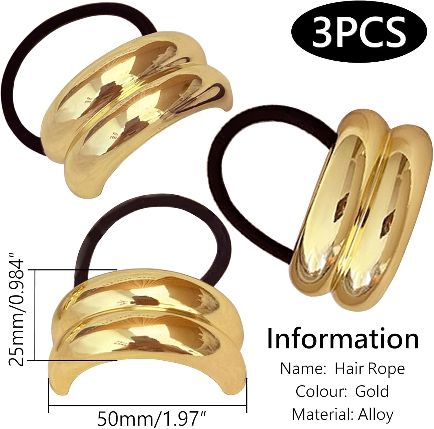 3 Pieces Metal Hair Ties Ponytail Holders Durable Elastic Bands Stylish Lightweight Accessories Comfortable Fit Suitable for All Hair Types(Gold) image number 3