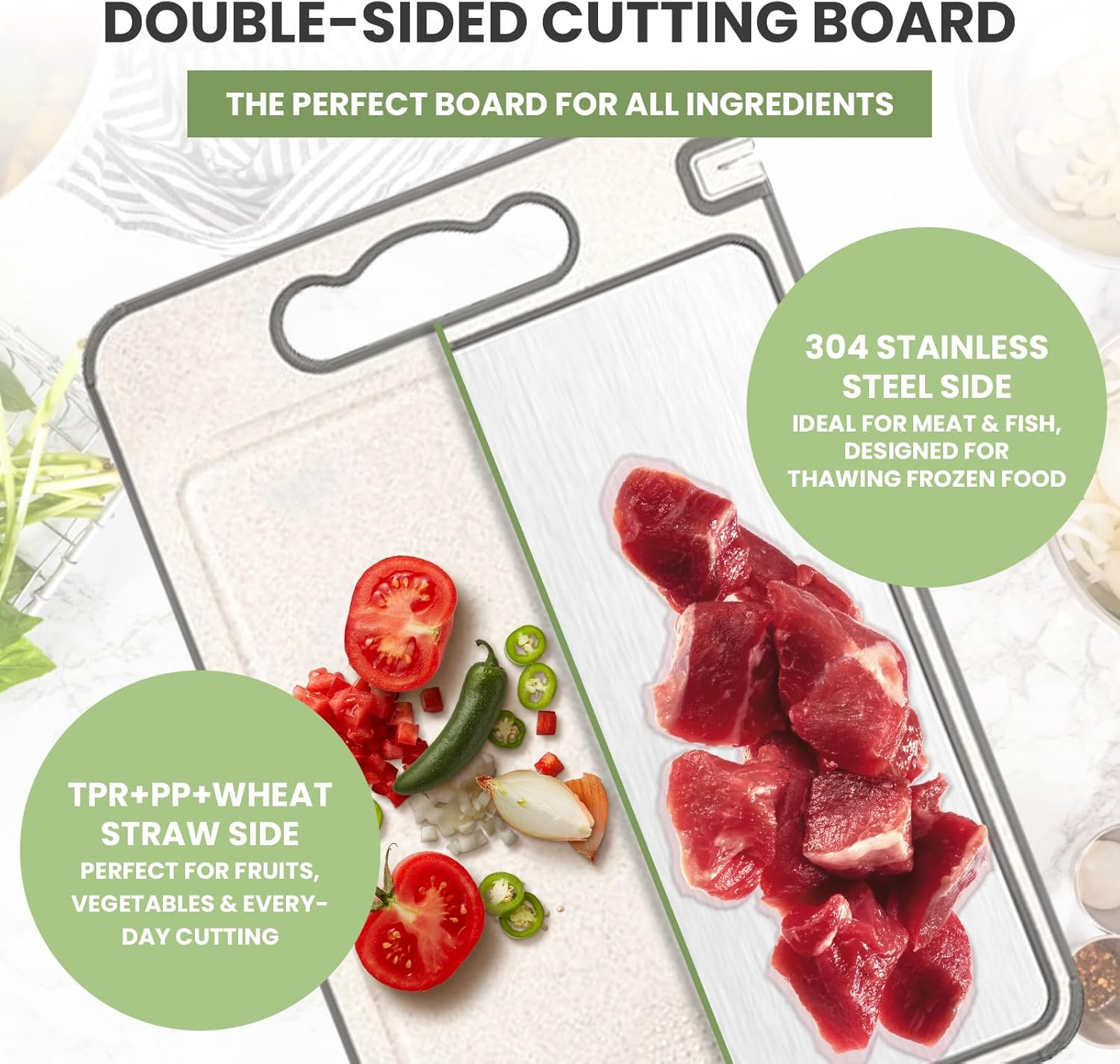 MYLB Double-Sided Chopping Board for Kitchen 304 Stainless Steel Wheat Straw PP Practical Size 36.5Cm X 25Cm, Non-Slip Edges, Deep Juice Groove, Bpa-Free, Easy to Clean, Perfect for Everyday Use image number 2
