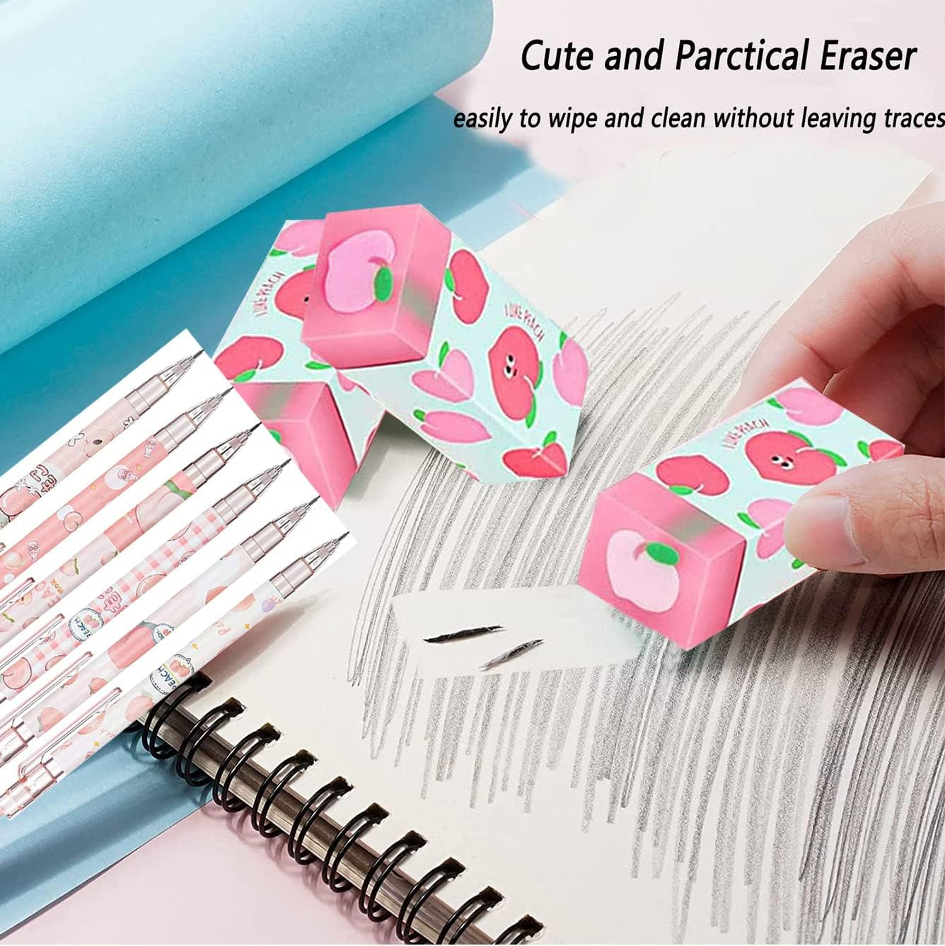 Kawaii Mechanical Pencil Set Include Peach Mechanical Pencils with Tubes 0.5 Mm Pencil Refills and Cute Juice Peach Erasers for Writing, Drawing, Sketching, Architecture (15 Pieces) image number 2
