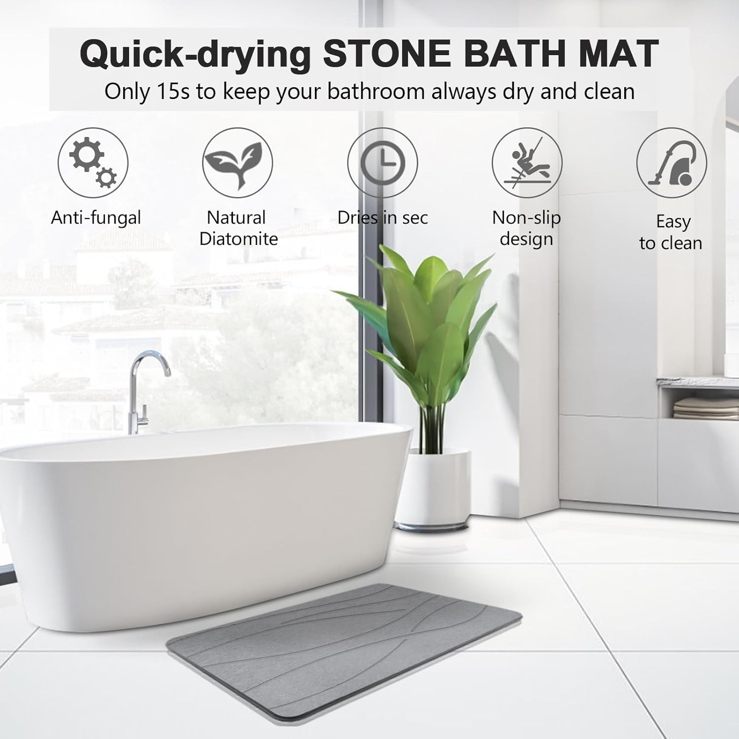 Heyolo Stone Bath Mat Diatomaceous Earth Bath Mat 60X39Cm Non Slip Super Absorbent Bath Mats for Bathroom Quick Dry Diatomite Stone Shower Mat for Kitchen Bathtub, Easy to Clean, Light Gray 2 Pack image number 4