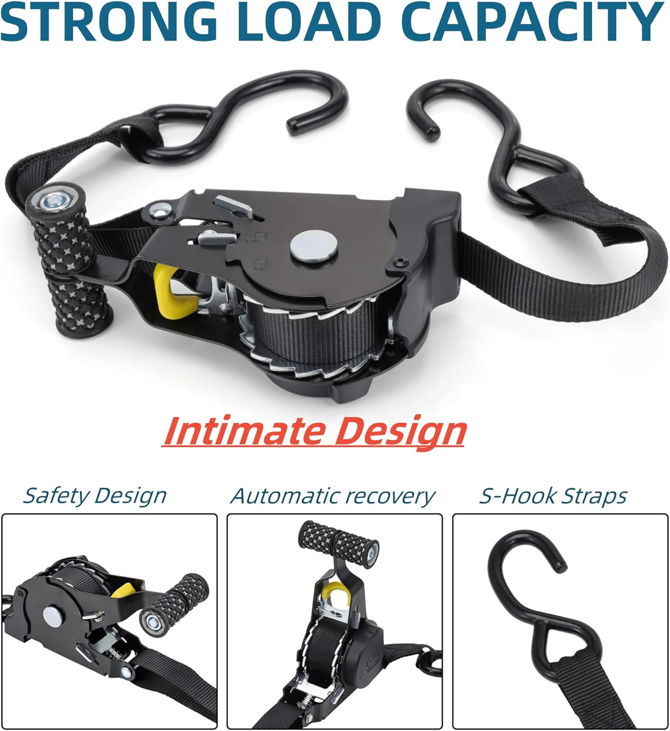KUGONTC 2Pcs Ratchet Tie down Strap，Retractable Ratchet Straps Bundle,10.8Ft Automatic Shrink Tensioner with Rubber-Coated Steel Handles, S-Hooks with Breaking Strength - 1,500LBS Each image number 4