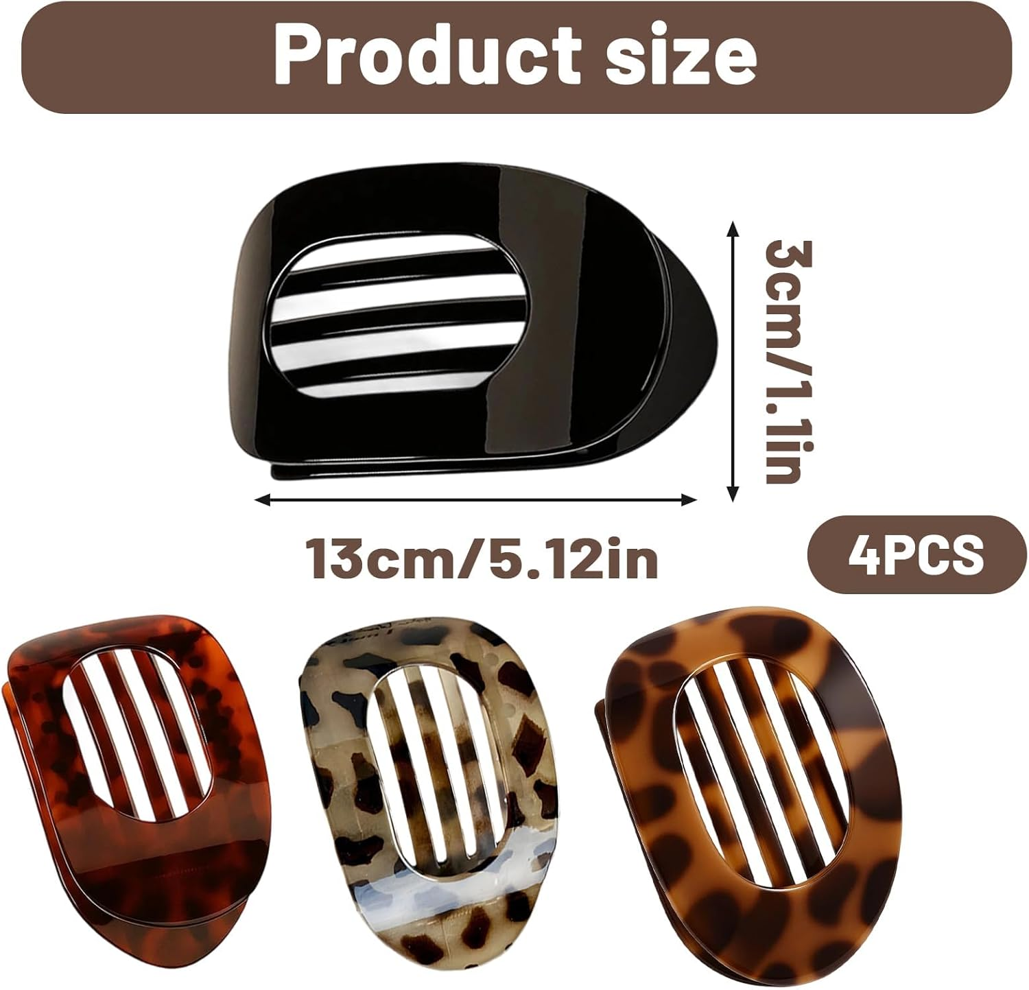 Flat Hair Claw, Pack of 4 Leopard Print Hair Clips for Women, Resin Material, Strong Hold for Thin and Thick Hair, Ideal for Everyday, Office, Sports and Leisure image number 2