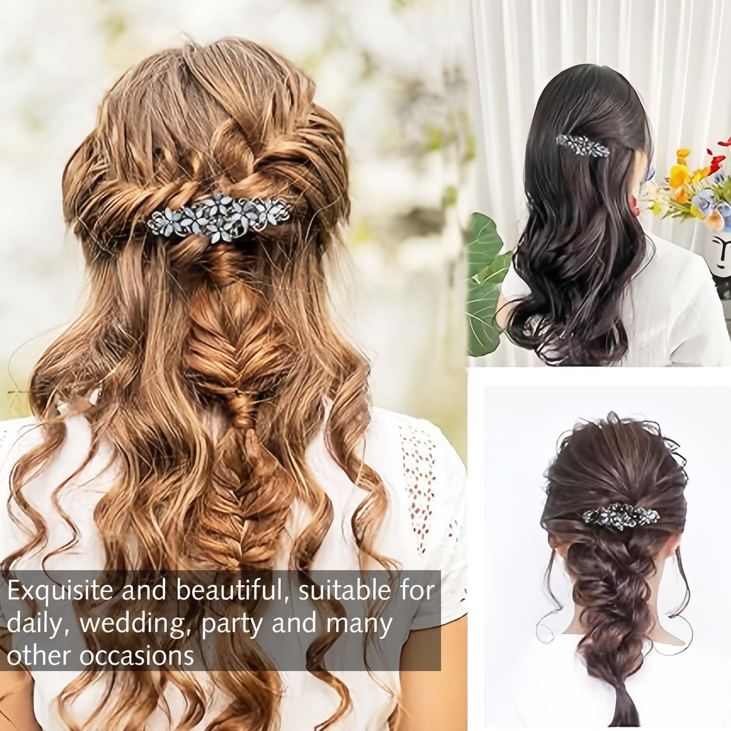 2 Pieces Elegant Hair Clips for Women and Girls - Crystal Flower Glitter Clip and Exquisite Vintage French Hair Accessories (Black Blue/Blue) image number 3