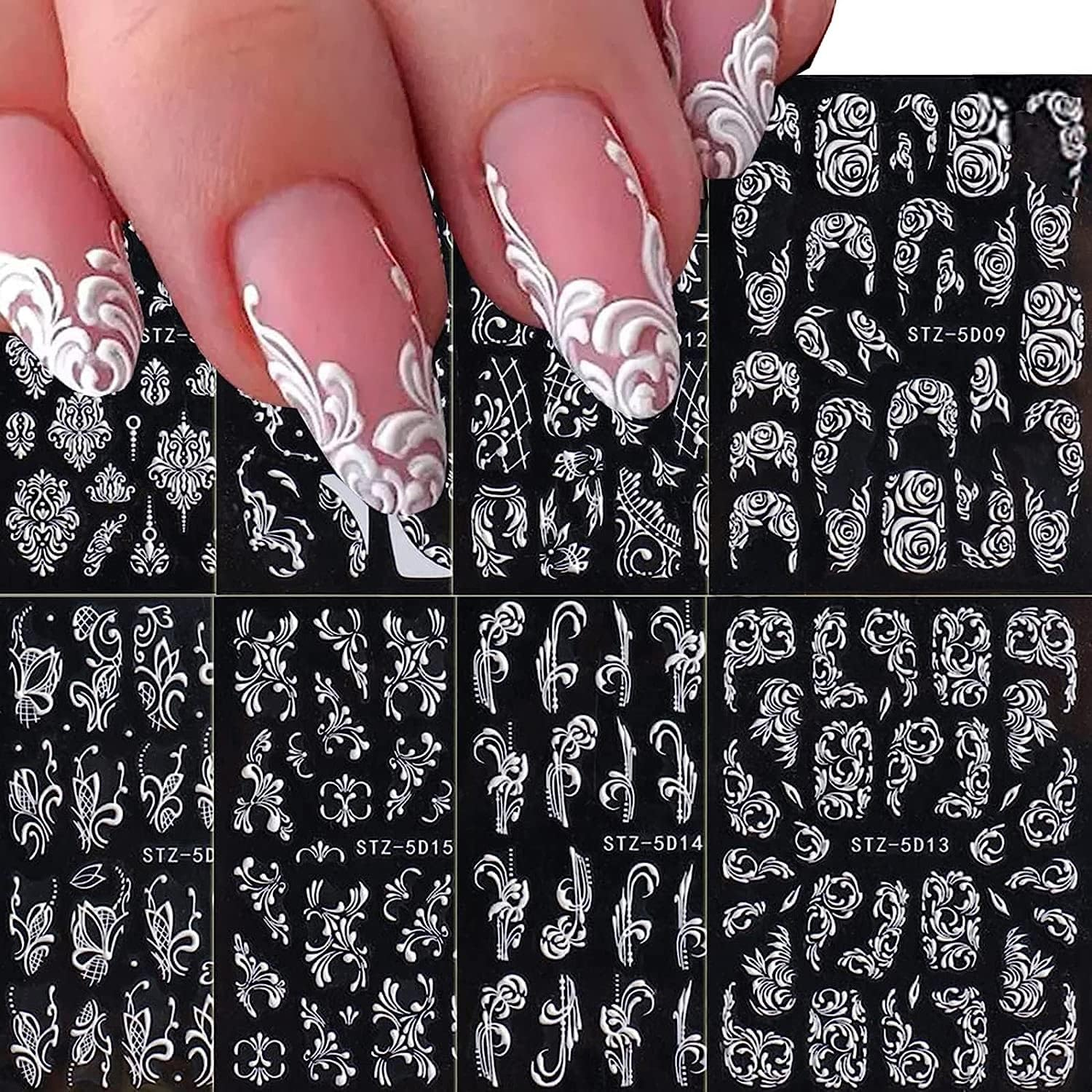 Flower Nail Art Stickers Decals, 8 Sheets 5D Engraved Flower Nail Decals White Wedding Nail Art Accessories French Tips Nail Designs Self Adhesive Lace Flower Carving Nail Stickers for Women Girls image number 6
