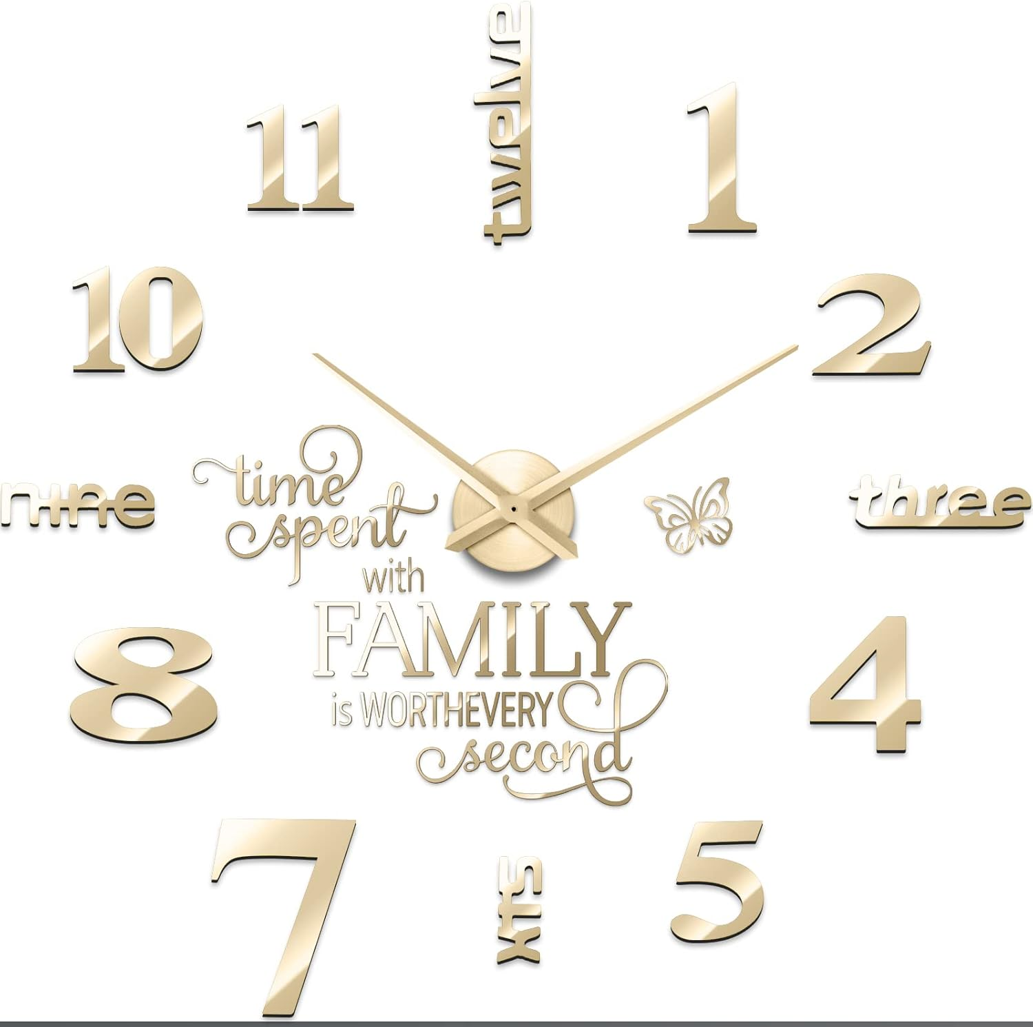 Junkin 3D Large Frameless DIY Wall Clock,Modern Decor Family Quote Wall Stickers Clock Kit for Home Living Room Bedroom Office Wall Decorations Adjustable Size (Silver)