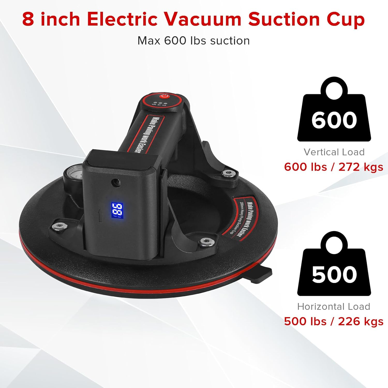 8" Electric Vacuum Suction Cups Lifter with Battery 3000Mah Max Load 600Lbs Glass Suction Cups Auto Detect and Replenish Pressure for Transport Glass Tile Granite Windshield (1Pack). image number 2