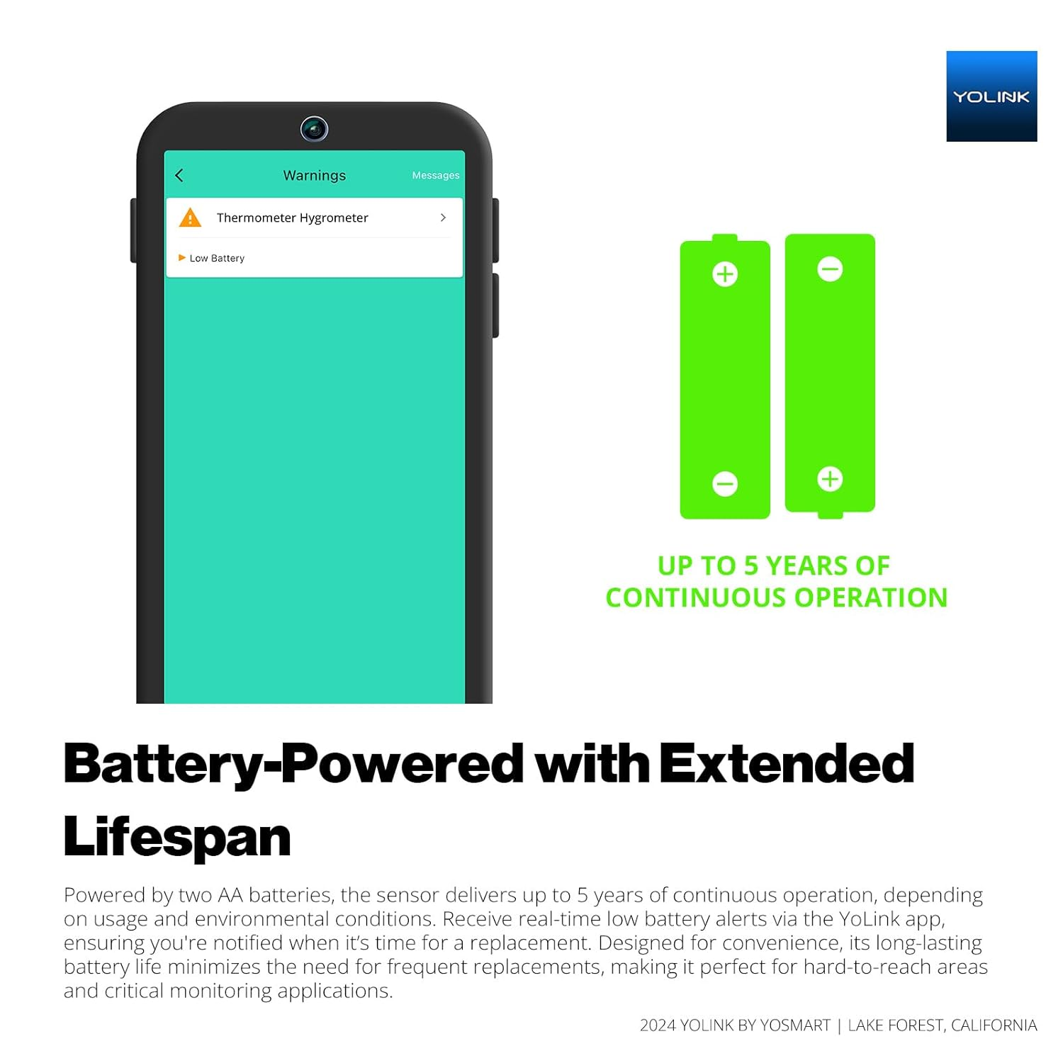 Yolink Indoor Hygrometer Thermometer, 2-Year Data Storage Export, Advanced Offline Storage, Lora Tech, App Push, Email, SMS, Hub Included