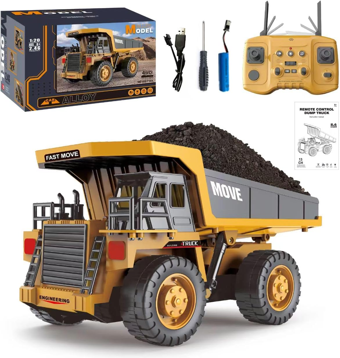 TOYVIBE 1:20 Scale Alloy Dump Bed RC Truck - 13-Channel 4WD Construction Vehicle Toy with 2-Speed Gearbox & Realistic Sounds - 30 Min Playtime USB Rechargeable - for Kids Adults (Yellow) image number 6