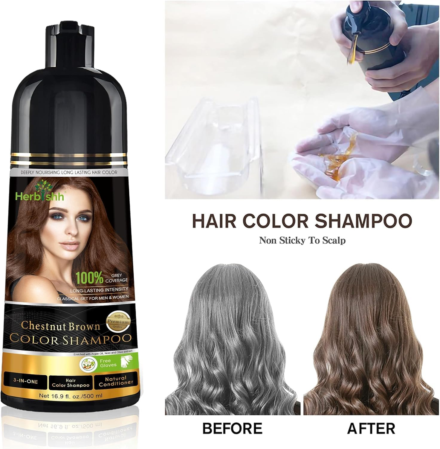 Herbishh Chestnut Brown Gray Hair Shampoo &ndash; 4 Bottles + 4 Pouches | 3‑In‑1 Ammonia‑Free Hair Dye Conditioner image number 5