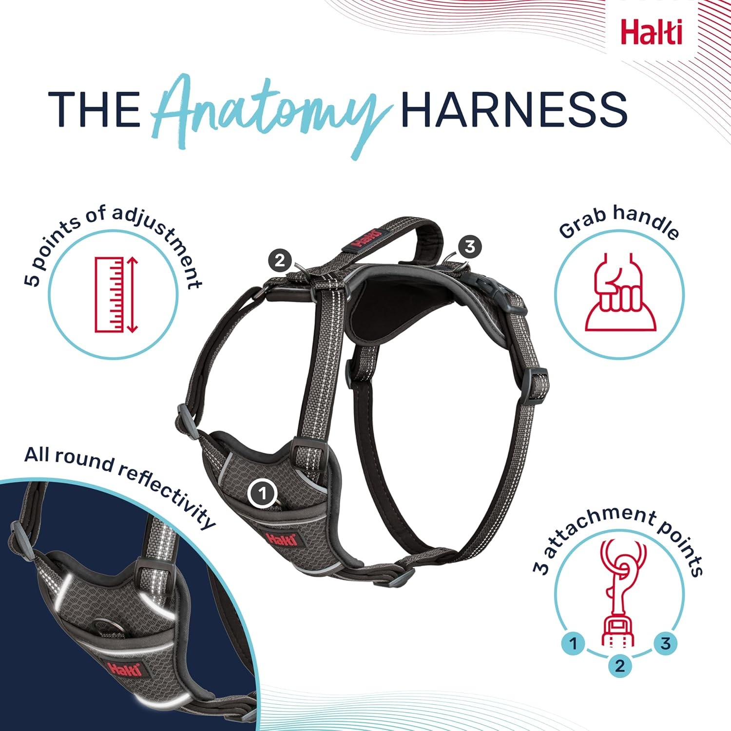 HALTI Anatomy Dog Harness with Handle - Provides Your Dog Freedom of Movement for Comfortable Walking. 3 Lead Attachment Points, Neoprene Padded, Adjustable, and Reflective (Size Large, Grey) image number 2