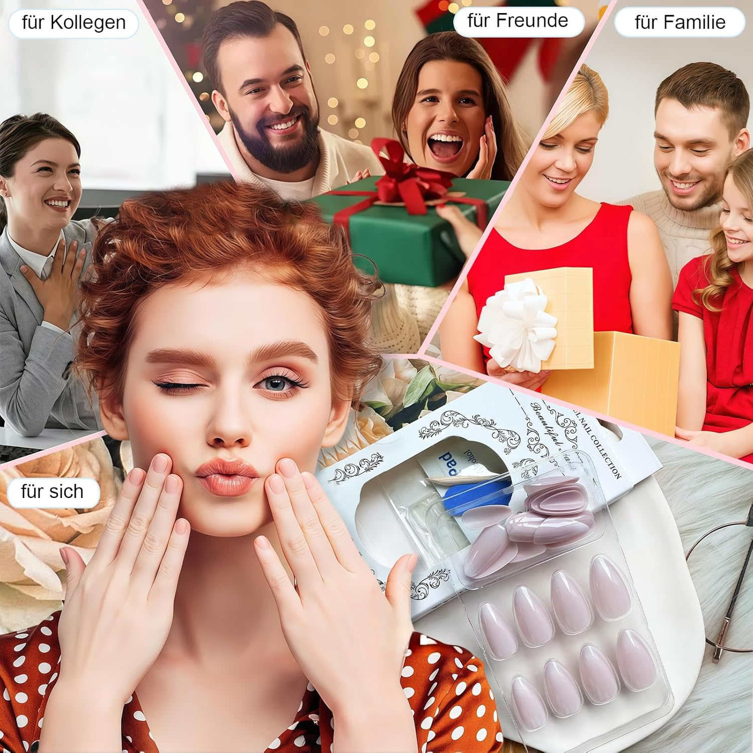 Pack of 24 Press on Nails Almond - Pink Colour Gradient Artificial Nails Medium - Full Cover False Nails - Nude Gradient White Fingernails for Sticking on for Women and Girls (Pink White Ombre)