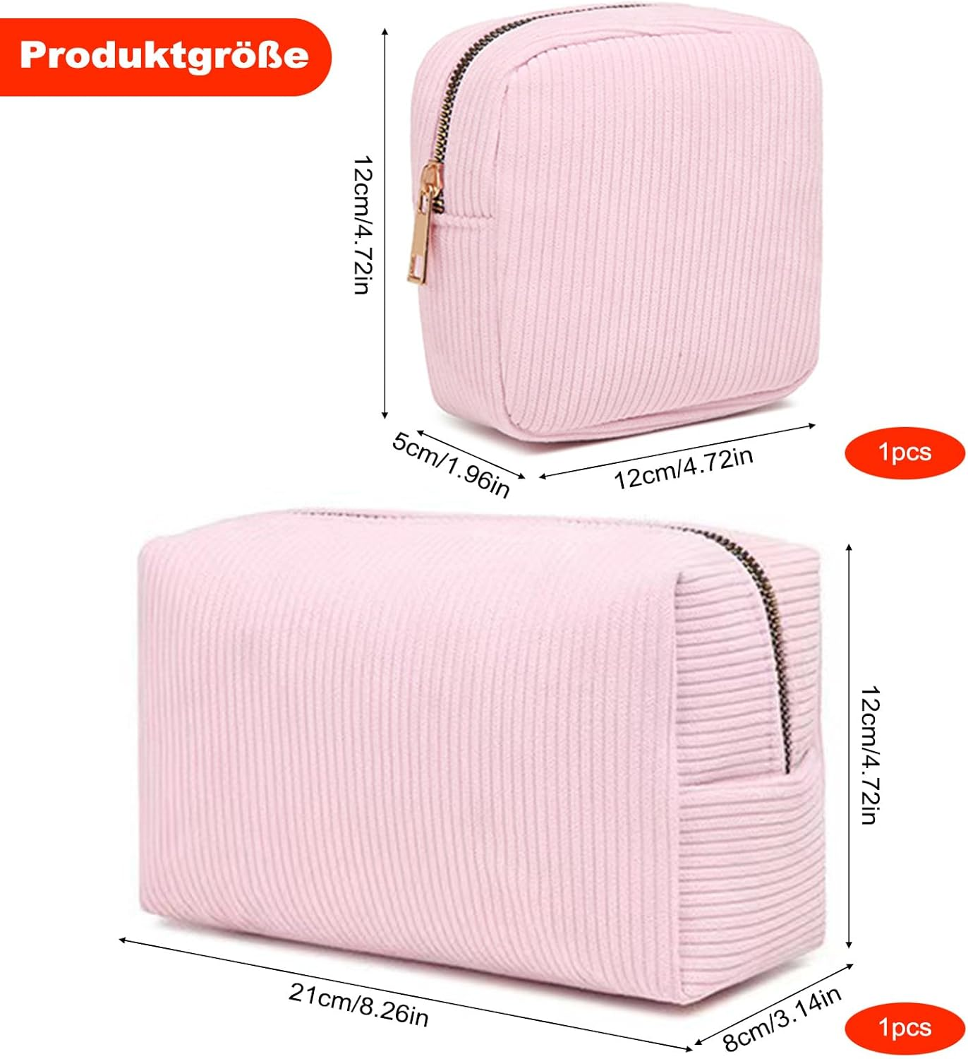 Make up Bag, Pack of 2 Cosmetic Bags, Cord Makeup Bag, Small Cosmetic Bag, Travel Cosmetic Bags with Metal Zip for Handbag (Pink)