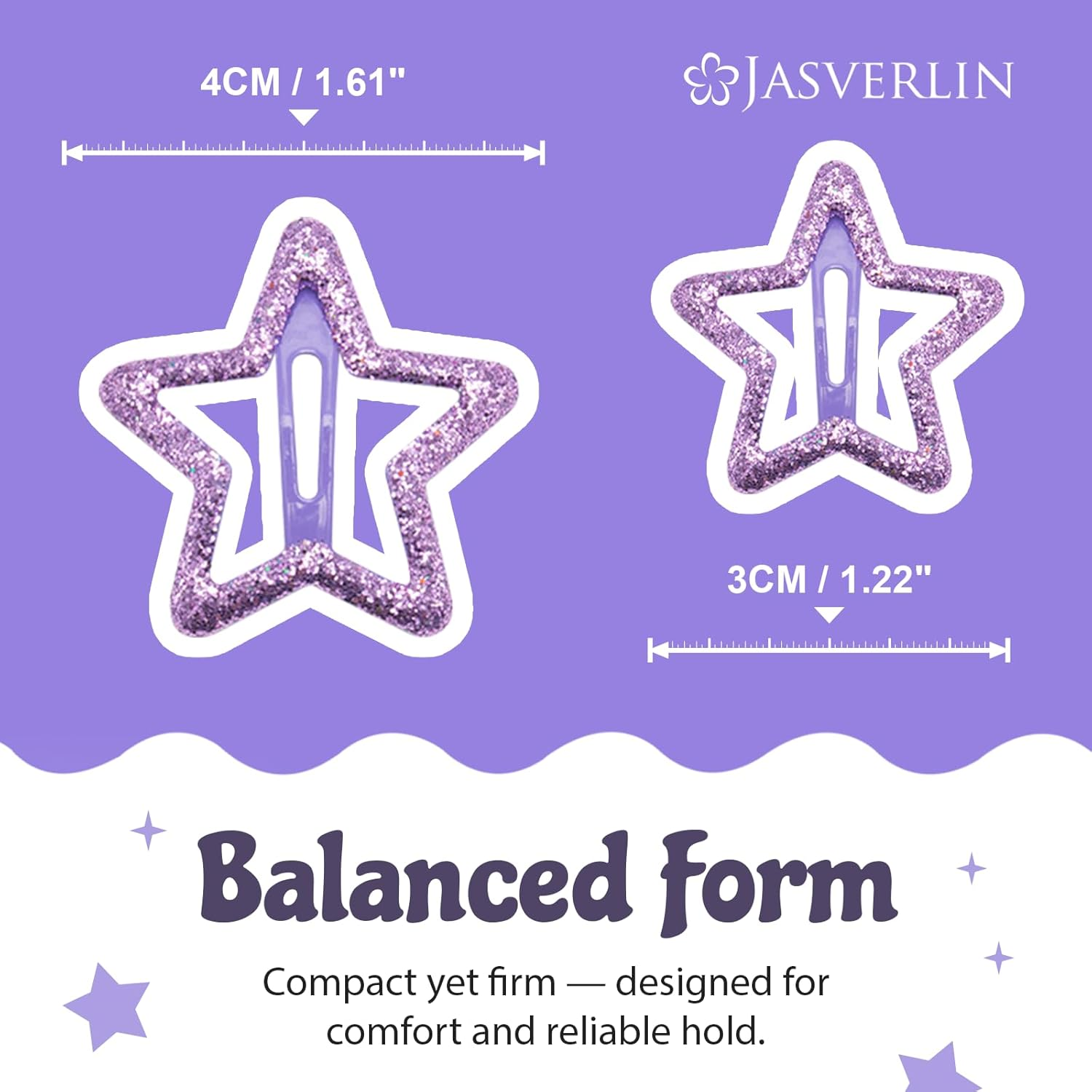 JASVERLIN 36 Pcs Star Hair Clips, Y2K Cute Snap Barrettes for Women Thin Thick Hair, Colorful Kawaii Girls Rave Accessories Glitter Non Slip Metal Hairclips Assorted Sizes (Purple) image number 3