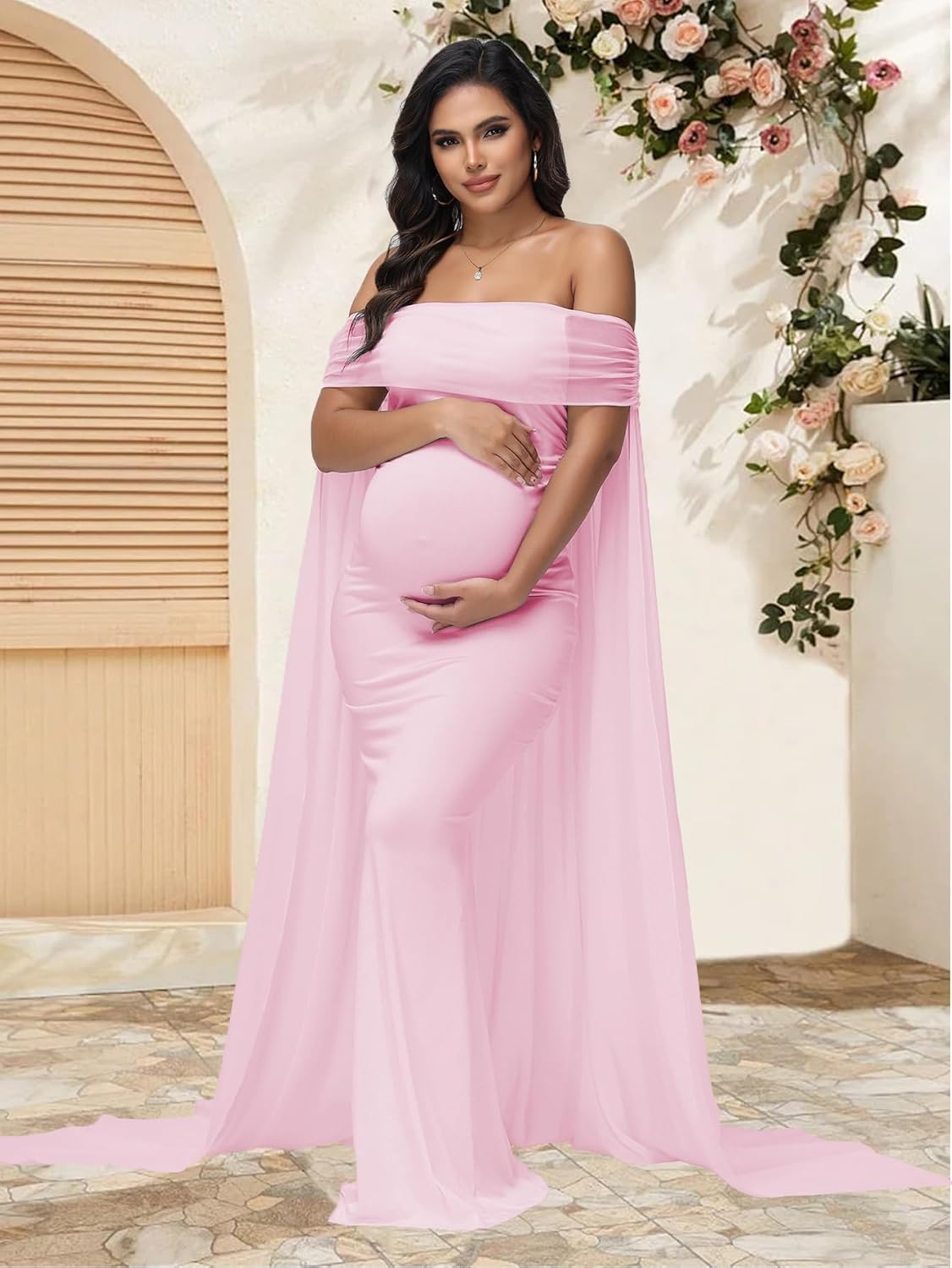 Justvh Women'S Maternity Mesh off Shoulder Chiffon Maxi Photoshoot Dress for Baby Shower Cloak Outfit Maxi Photography Gown image number 4