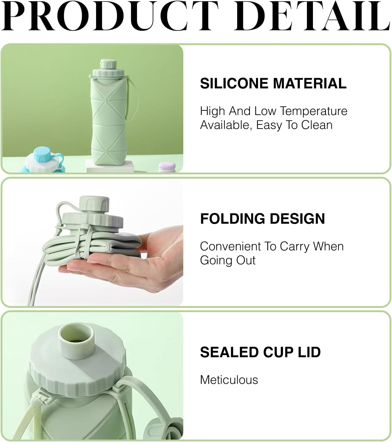 Collapsible Water Bottle for Travel Essentials, Lightweight & Foldable, Bpa-Free Silicone with Double Leak-Proof Design, Perfect for Outdoor Hiking, Sports, and Everyday Use (Green) image number 5
