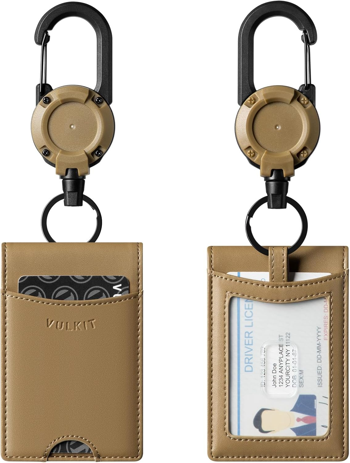 VULKIT Badge Holder Retractable Clip, Leather Bifold Double ID Card Holder, Retractable Keychain Carabiner, Holds 5 Cards, Keys Khaki