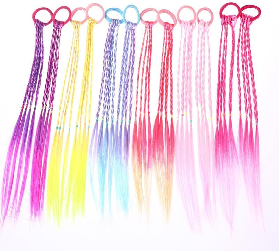 SHUNYUNG Colored Braids Hair Extensions, 12Pcs Rainbow Color Ponytail, Braided Hair Piece with Rubber Bands, Girls Hair Accessory, 17 Inch Length, Clip-In Installation image number 6