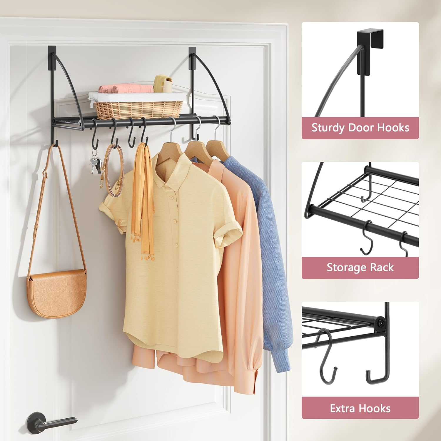 Tajsoon over the Door Hanger with Storage Rack and 6 Hooks, over the Door Clothes Racks for Hanging Towel & Coat, Door Rack Hanger for Bathroom, Bedroom, Living Room, Black image number 5
