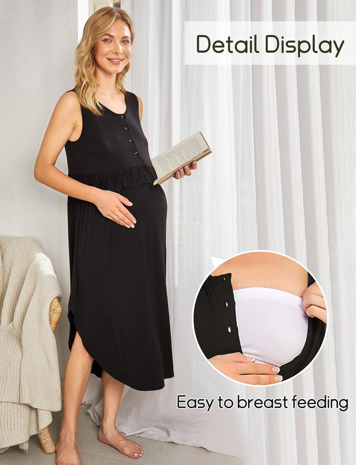 KEOYA Women'S Maternity Nursing Dress Stretchy Sleeveless Breastfeeding Long Dresses Button Front Nursing Clothes image number 2