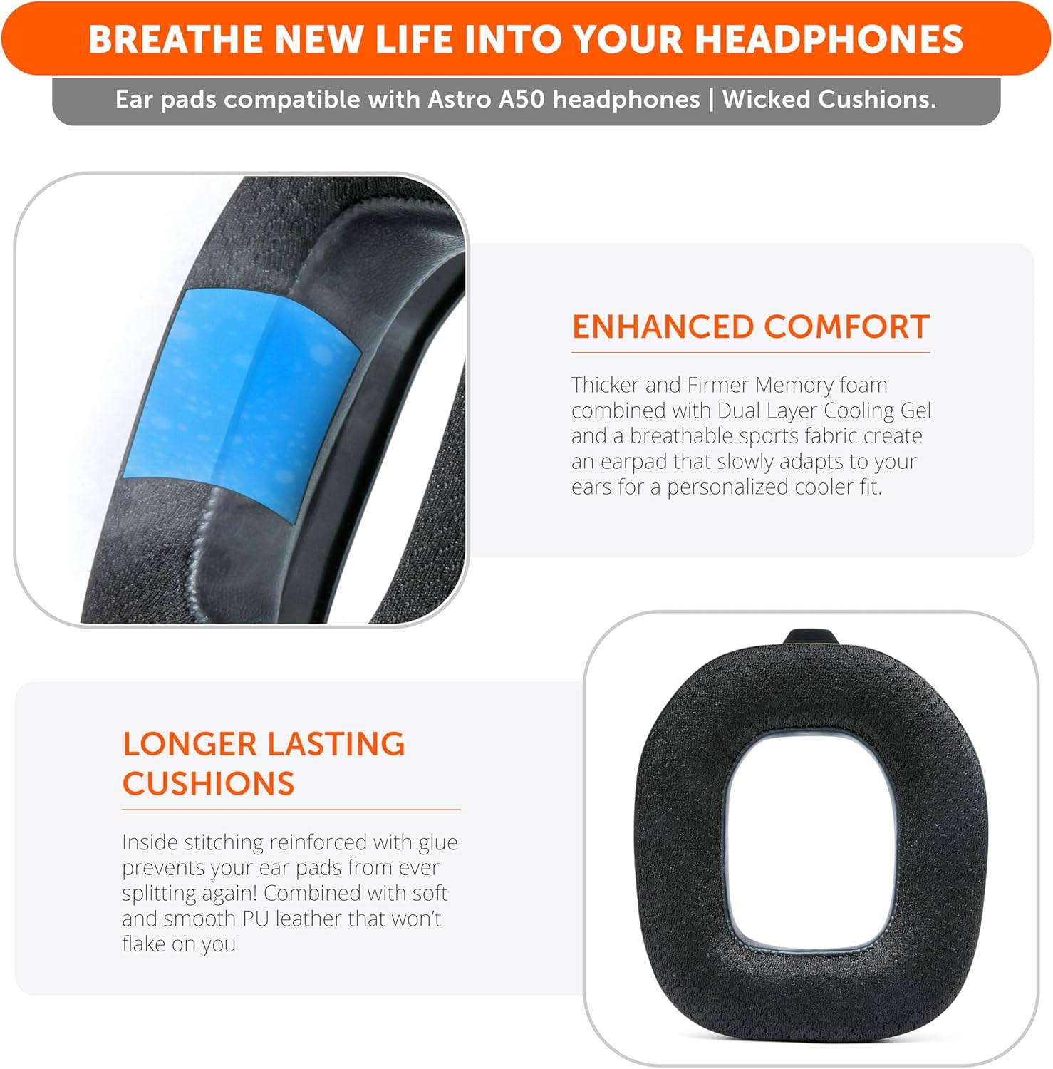 WC Mod Kit A50 - Cooling Gel Earpads + Headband Replacement for Astro A50 Gen 4, Gen 5 & A50X by Wicked Cushions | Enhanced Comfort, Cooling & Durability | Black image number 1