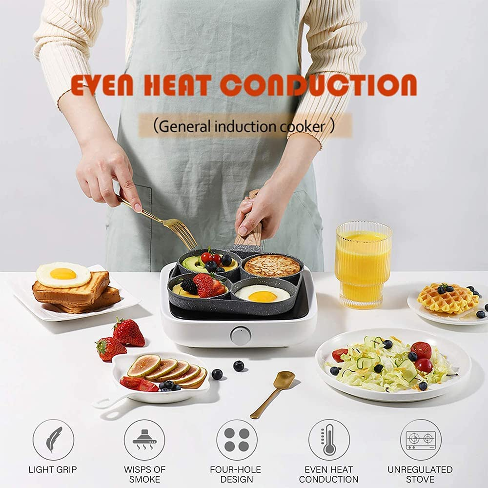 New 4 Hole Frying Pan Omelet Pan for Burger Eggs Ham Pancake Maker Wooden Handle Frying Pot Non-Stick Breakfast for Gas or Induction Stoves image number 2