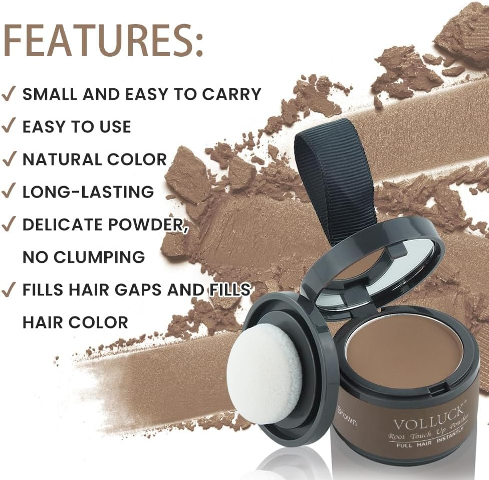 VOLLUCK Root Touch up Powder, Instant Hairline Powder for Thinning Areas and Gray Hair Coverage, Natural and Non-Greasy Root Cover up for Women and Men (Brown, 0.14 Ounce) image number 4