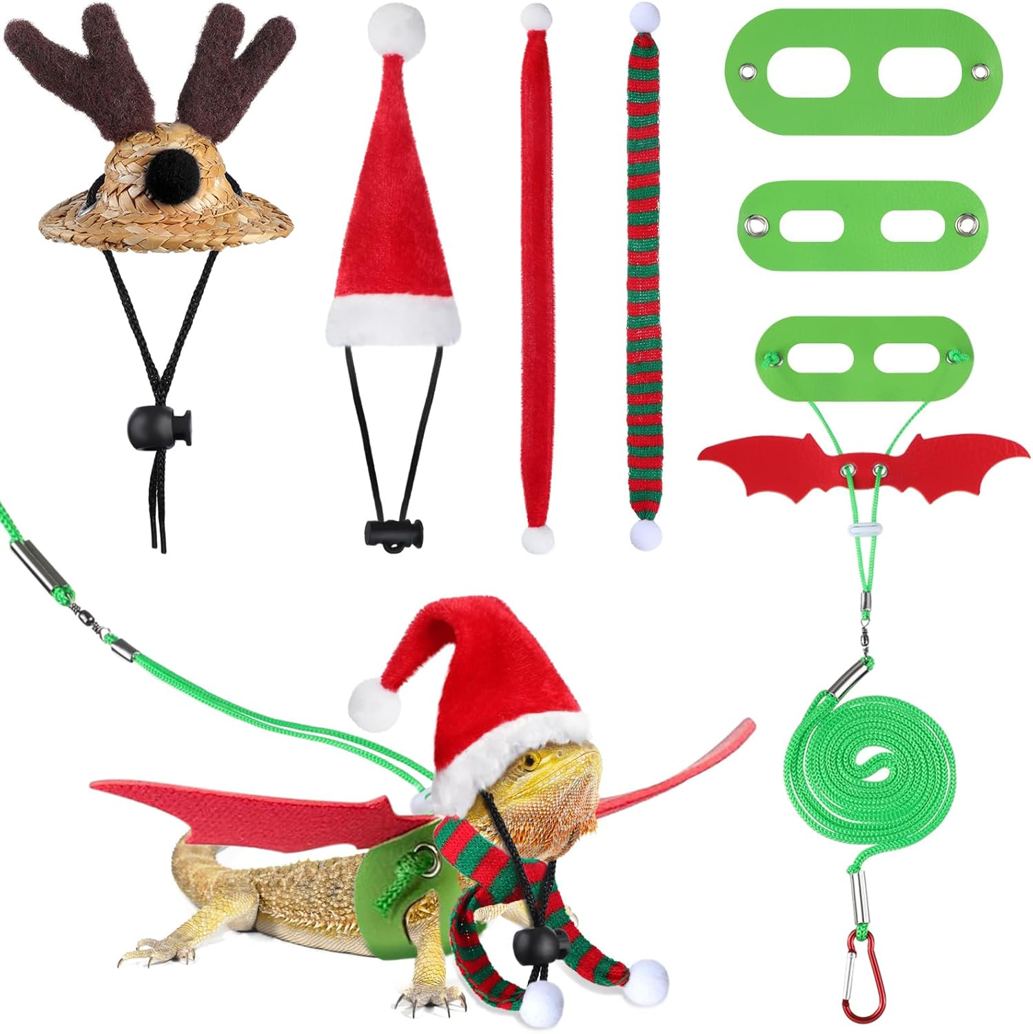 7 Piece Christmas Bearded Dragon Costume Set - Santa Hat, Scarf, Leash Harness - Xmas Lizard Accessories for Reptile Cosplay Photo Prop, Red image number 5