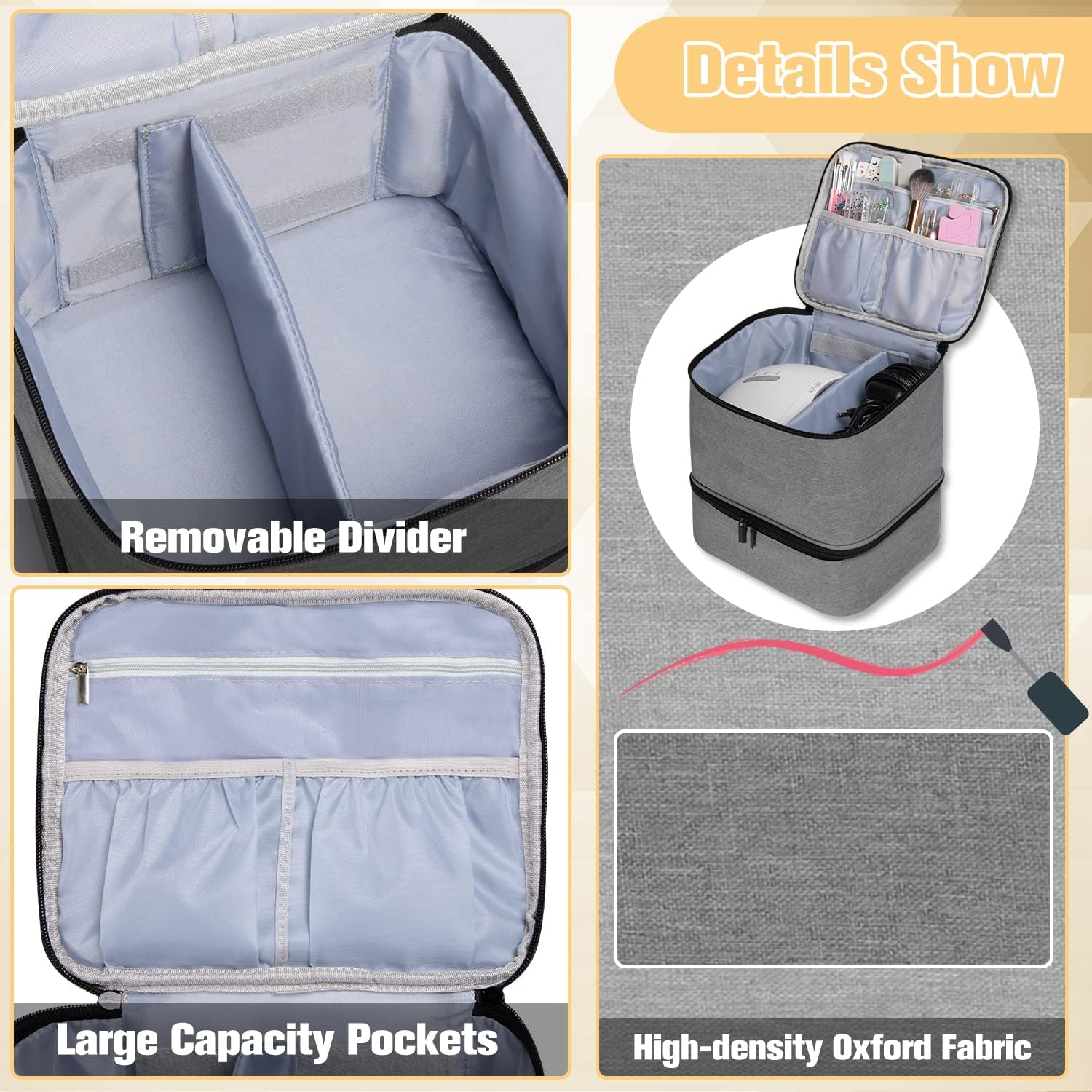 TDIFFUN Nail Polish Organizer and Nail Dryer Case, Double-Layer Storage Holds 30 Bottles (15Ml/0.5 Fl.Oz) and 1 Led Nail Lamp, Travel Carrying Case for Nail Polish Kit Set (Grey) - Purple image number 5