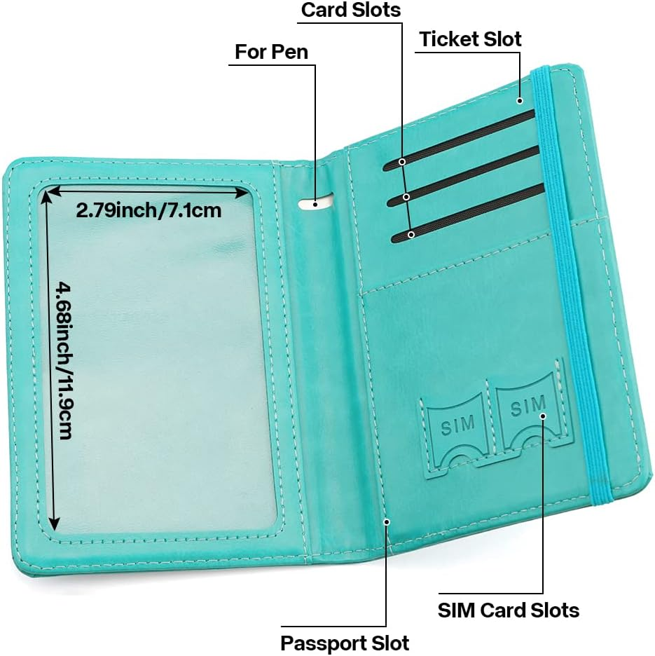 Passport Holder and Vaccine Card Holder, Passport Wallet Passport Cover with RFID Blocking, Lake Blue, Compact image number 4