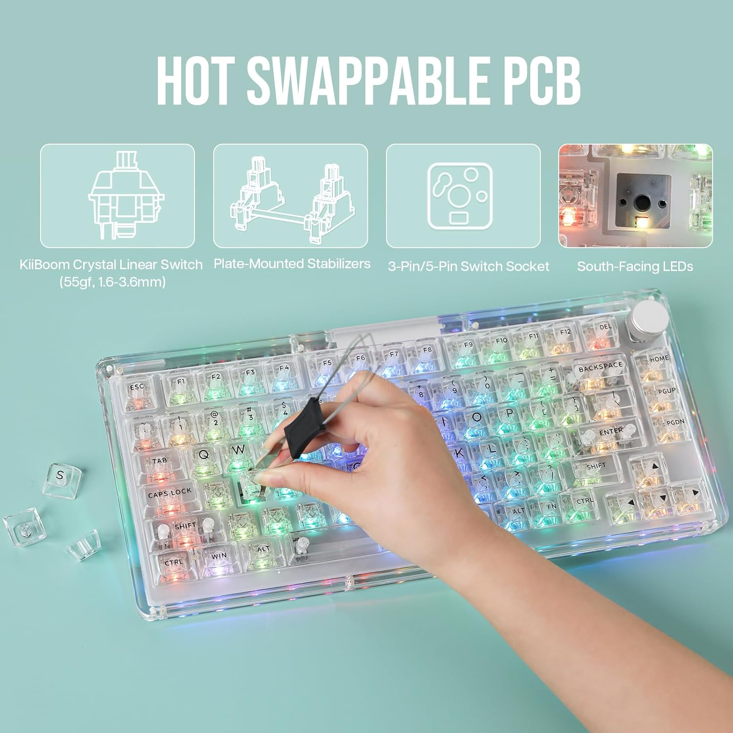 Kiiboom Phantom 81 75% Transparent Mechanical Gaming Keyboard, Hot Swappable Custom Gasket Keyboard with RGB Backlit, Clear Keycap, Rechargeable Battery, Triple Mode for Win/Mac (Phantom 81 V3 Clear) - Phantom 81 V3 Clear image number 6