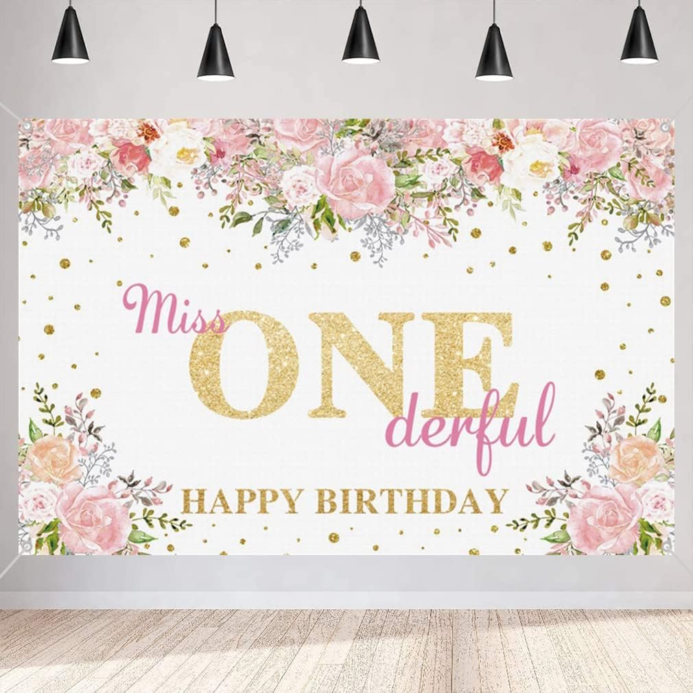 Miss Onederful Birthday Backdrop Watercolor Flowers Golden Dots First Birthday Photography Backdrop Baby Girl Happy 1St Birthday Party Decorations Supplies 120Cm image number 3