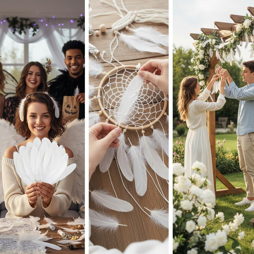 120Pcs Natural White Goose Feathers 6-8 Inch for Crafts, Wedding Decorations, DIY Projects, Dream Catcher, Party & Home Decor （White）- CRFY - Black image number 2