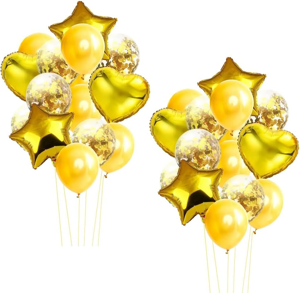 ATDORO 28Pcs Balloon Happy Birthday Party Decorations for Women, Confetti Balloons Star Heart Foil Balloons Wedding Decorations, Helium Ballons Girl Boy Baby Shower (Gold)
