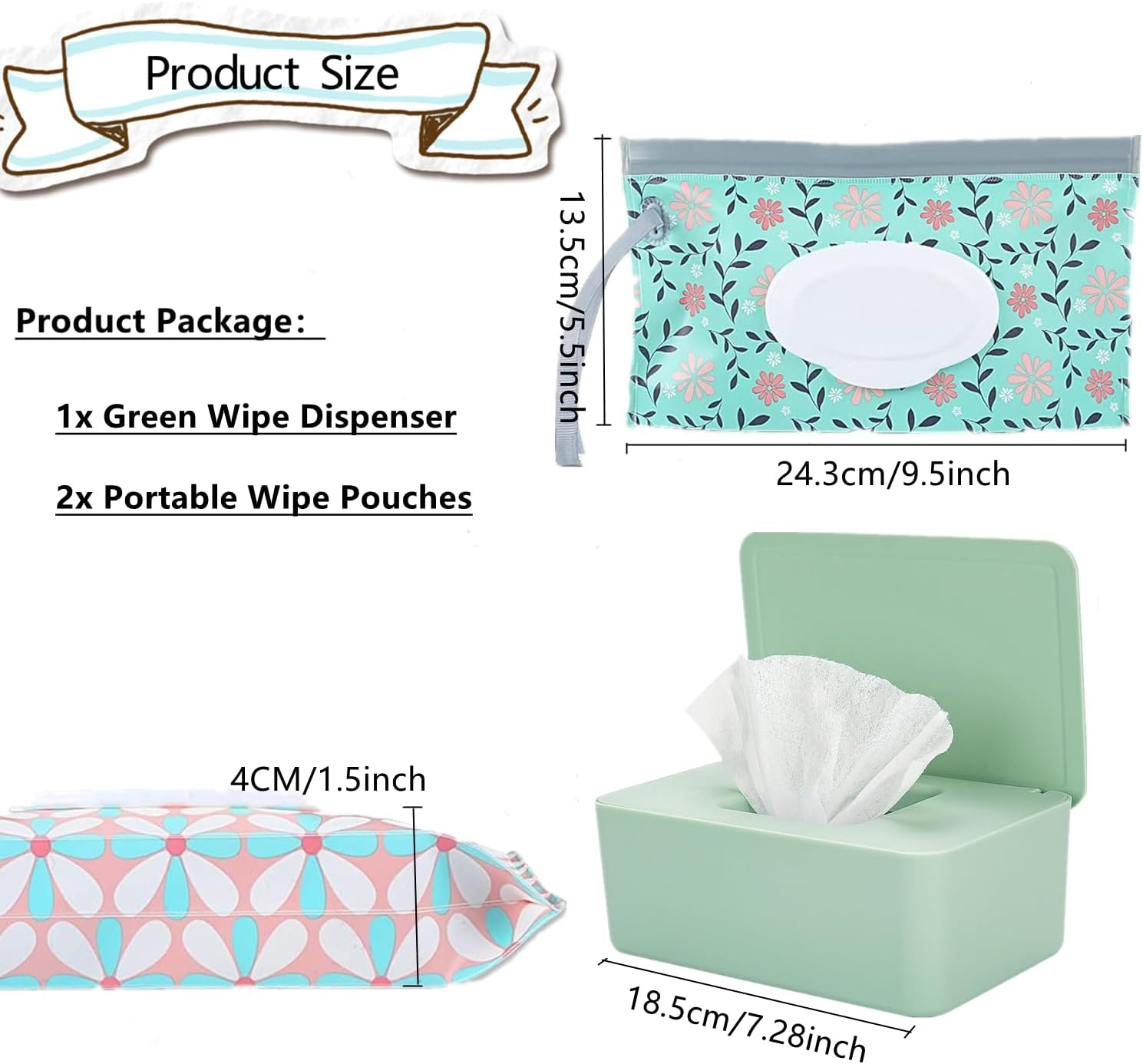 Wipes Dispenser with 2Pcs Portable Refillable Wipe Holder,Reusable Large Wipe Holder Box Flushable Wipes Case Bathroom Wipes Container for Pet Nursery Kitchen Office Counter(Green) - Green image number 4