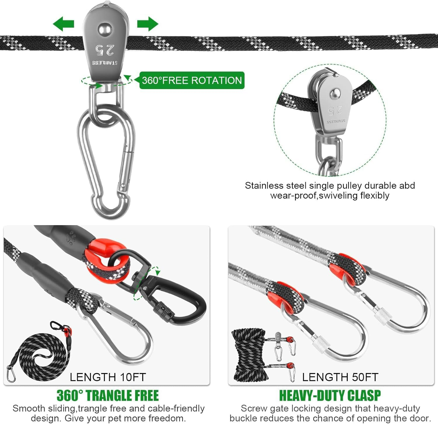 Dog Tie Out Cable for Camping, 50Ft/15M Portable Overhead Trolley System with 10Ft/3M Runner Lead for Dogs up to 200Lbs，Portable Reflective Dog Lead Line for Yard, Park and Outdoor (Black) image number 5